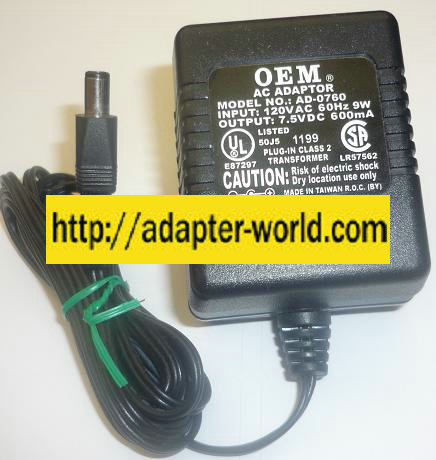 OEM AD-0760 AC ADAPTER 7.5VDC 600mA new -( ) 2x5.5x9.6mm round - Click Image to Close