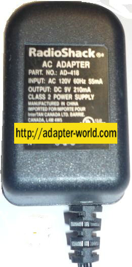 RADIO SHACK AD-418 AC ADAPTER 9VDC 210mA PLUG IN CLASS 2 POWER S - Click Image to Close