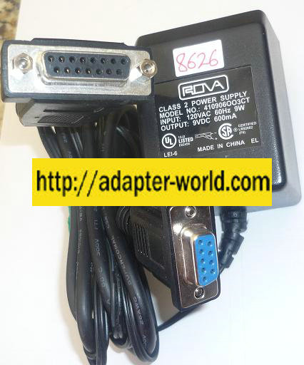 ROVA 410906OO3CT AC ADAPTER 9VDC 600mA NEW 2Pin DB-9(DB9) RJ11 - Click Image to Close
