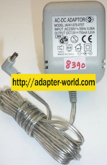 SAN AV41-075-075T AC ADAPTER 7.5VDC 750mA NEW -( ) 1x1.5m EUROP - Click Image to Close