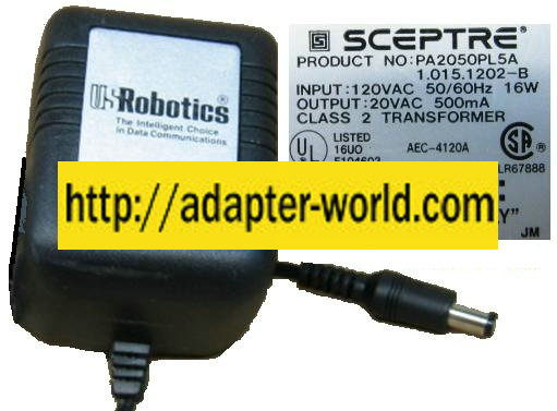 US Robotics SCEPTRE PA2050PL-5A AC Adapter 20VAC 500MA NEW ~(~) - Click Image to Close