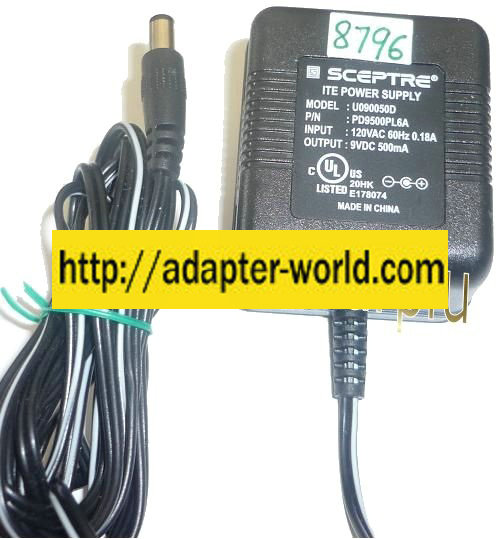 SCEPTRE U090050D AC ADAPTER 9VDC 500mA NEW -( ) 2.5x5.5mm ROUND - Click Image to Close