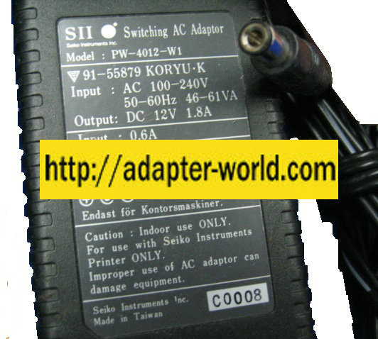 SII PW-4012-W1 AC ADAPTER 12VDC 1.8A New 3 x 6.5 x 10.2 mm Stra - Click Image to Close