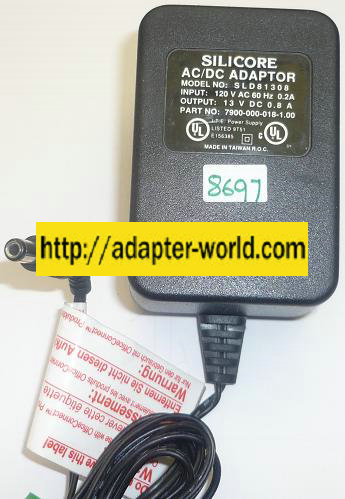 SILICORE S L D 8 1 3 0 8 AC ADAPTER 13VDC 0.8A NEW -( ) 2.5x5.5