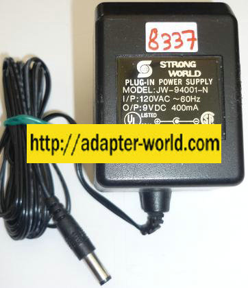 STRONG WORLD JW-94001-N AC ADAPTER 9VDC 400mA NEW (-) 2x5.5mm - Click Image to Close