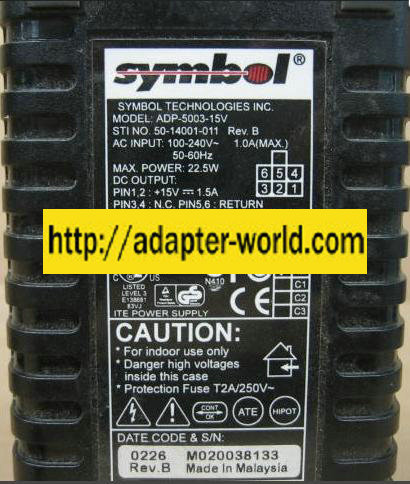 SYMBOL ADP-5003-15V AC ADAPTER 15VDC 1.5A 6Pin Molex ITE POWER S - Click Image to Close