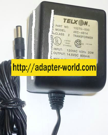 TELXON AEC-4814 AC ADAPTER 14.5VDC 800mA NEW -( ) 2.5x5.5x10.5m - Click Image to Close