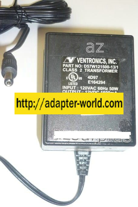 VENTRONICS D57W121500-13/1 AC ADAPTER 12VDC 1500mA NEW -( ) 2x5 - Click Image to Close