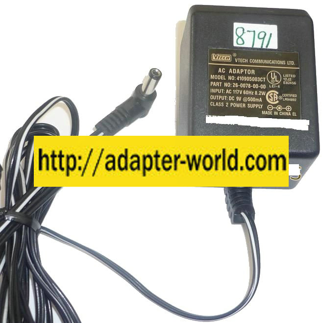 VTECH COMMUNICATION 410905003CT AC ADAPTER 9VDC 500mA NEW -( ) - Click Image to Close