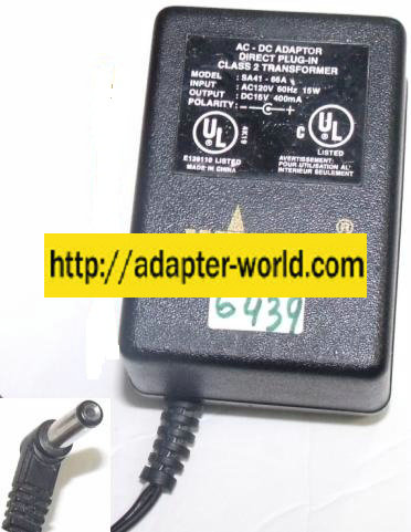 WAGNER SA41-66A AC ADAPTER 15VDC 400mA DIRECT PLUG IN CLASS 2 TR