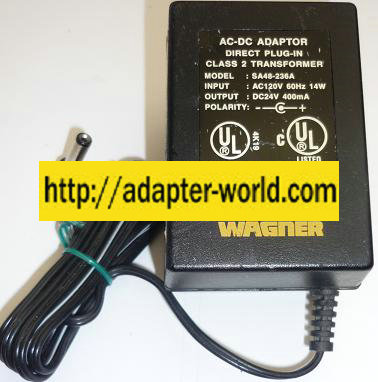 WAGNER SA48-236A AC ADAPTER 24VDC 400mA NEW -( ) 2x5.5mm ROUND - Click Image to Close