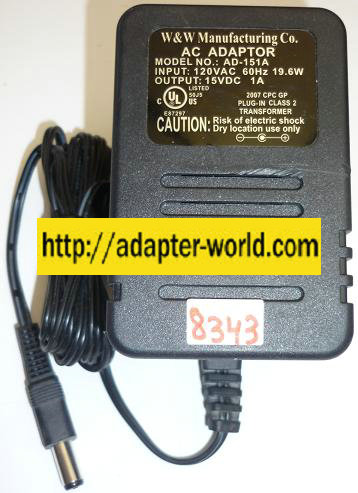 W W AD-151A AC ADAPTER 15VDC 1A NEW -( ) 2x5.5mm ROUND BARREL P - Click Image to Close