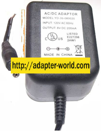 YD-35-080020 AC ADAPTER 8VDC 200mA POWER SUPPLY