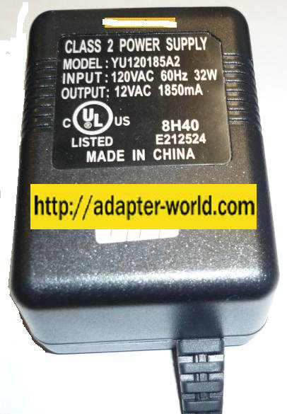YU120185A2 AC ADAPTER 12VAC 1850mA CLASS 2 Power Supply - Click Image to Close