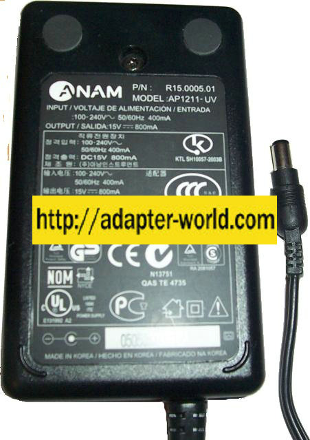 ANAM AP1211-UV AC ADAPTER 15VDC 800mA POWER SUPPLY - Click Image to Close