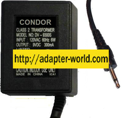 CONDOR DV-9300S AC ADAPTER 9VDC 300mA-( ) 3.5mm mono CLASS 2 TRA - Click Image to Close