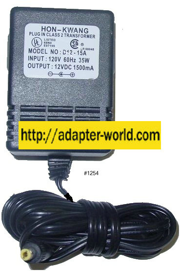 HON KWANG D12-15A AC Adapter 12VDC 1500mA 35W Transformer Power - Click Image to Close