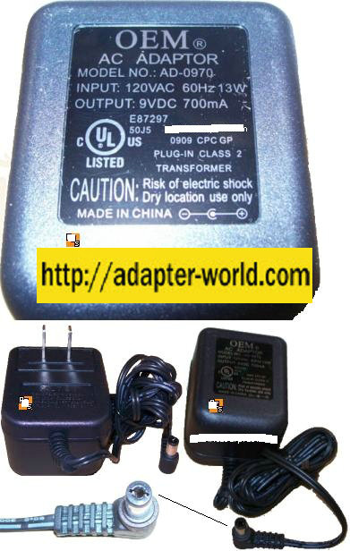 OEM AD-0970 AC ADAPTER 9VDC 700ma Center ve 2.1x5.5mm NEW POWER
