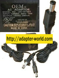 OEM AA-1570DT AC ADAPTER 15VAC 700mA ~(~)~ 1.5x4.7mm POWER SUPPL - Click Image to Close