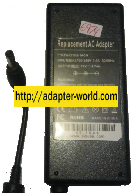 REPLACEMENT PA3516U-1ACA AC ADAPTER 19VDC 4.7A New 2.5 x 5.4 x - Click Image to Close
