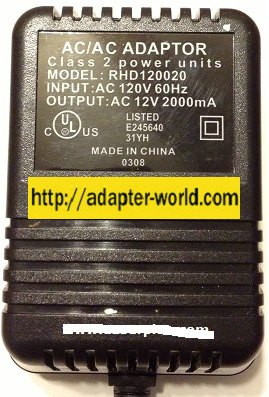RHD120020 AC ADAPTER 12V AC 2000mA NEW 2.1 x 5.5 x 12.2mm