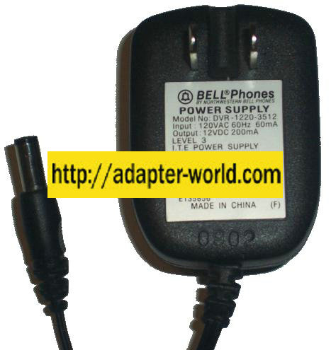 BELL PHONES DVR-1220-3512 12V 200mA -( )- 2x5.5mm 120vac POWER S - Click Image to Close