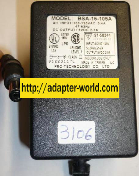 PRO-TECHNOLOGY BSA-15-105A AC ADAPTER 5V DC 2.1A -( ) 2.5x5.5mm - Click Image to Close