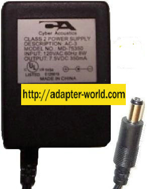 CYBER ACOUSTICS MD-75350 AC ADAPTER 7.5VDC 350mA POWER SUPPLY - Click Image to Close