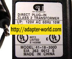 CET 41-18-300D AC DC ADAPTER 18V 300mA POWER SUPPLY - Click Image to Close