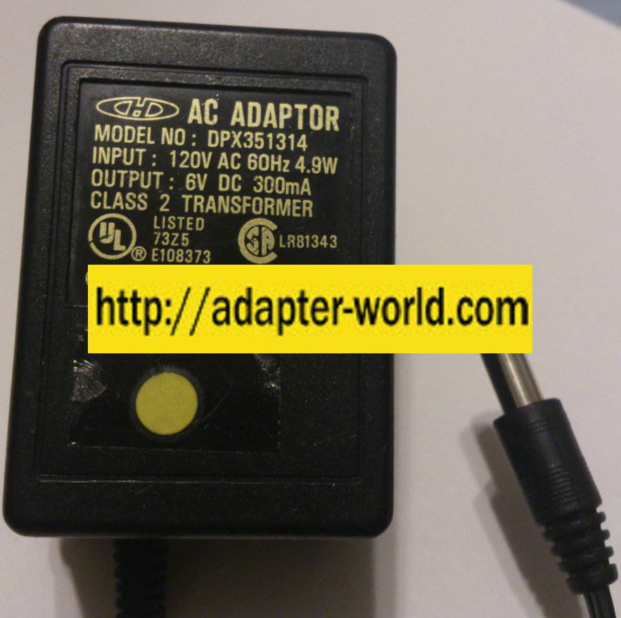CHD DPX351314 AC ADAPTER 6VDC 300mA NEW 2.5x5.5x10mm -( )-