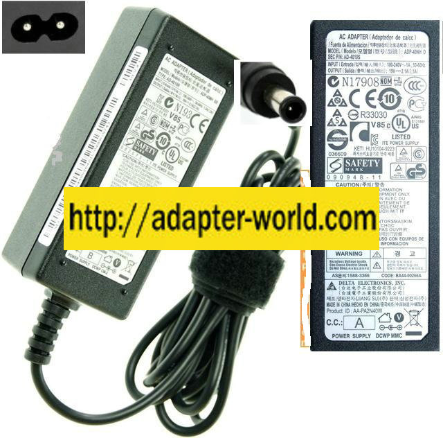 CHICONY CPA09-002A AC ADAPTER 19VDC 2.1A SAMSUNG LAPTOP POWERSUP - Click Image to Close
