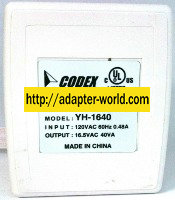 CODEX YHP-1640 AC ADAPTER 16.5VAC 40VA POWER SUPPLY PLUGIN CLASS - Click Image to Close
