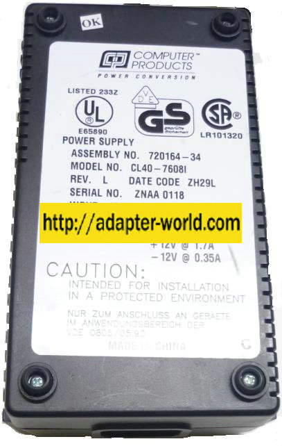 COMPUTER PRODUCTS CL40-76081 Ac Adapter 12Vdc 0.35A 6Pin POWER S - Click Image to Close
