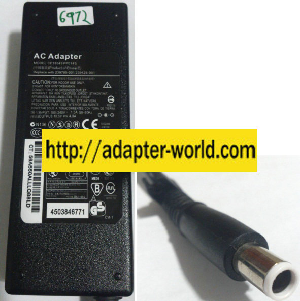 CP18549 PP014S AC ADAPTER 18.5VDC 4.9A New -( )- 1 x5x7.5mm