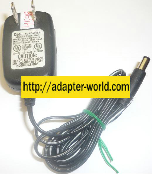 CSEC CSD0450300U-22 AC ADAPTER 4.5VDC 300mA NEW -( ) 2x5.5mm PO - Click Image to Close