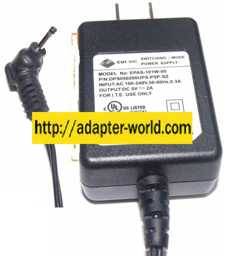 CUI INC EPAS-101W-05 AC ADAPTER 5VDC 2A ( )- 0.5x2.3mm 100-240va