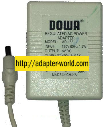 DOWA AD-168 AC ADAPTER 6V DC 400mA NEW (-) 2x5.3x11.3mm 90 DE - Click Image to Close
