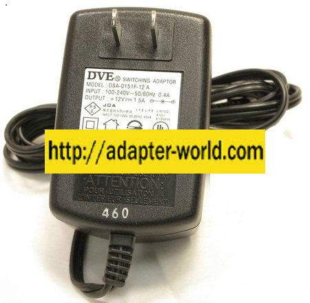 DVE DSA-0151F-12 A AC ADAPTER 12VDC 1.5A -( ) 1.5x4mm 120Vac Use - Click Image to Close