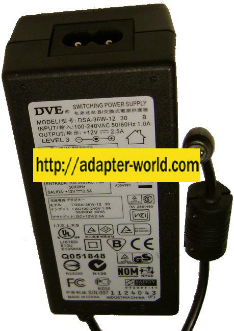 DVE DSA-36W-12 30 AC ADAPTER 12VDC 2.5A -( )- 2.5x5.5mm NEW E13 - Click Image to Close