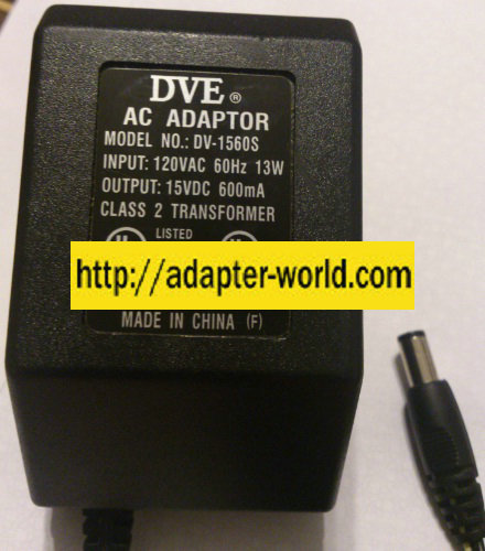 DVE DV-1560S AC ADAPTER 15VDC 600mA 2 x 5.5 x 9.6mm Round Barrel - Click Image to Close