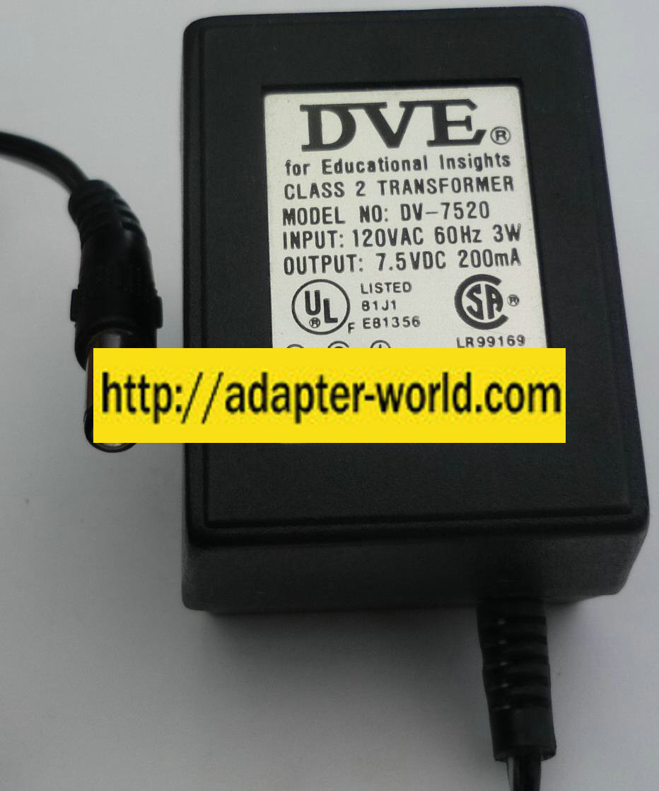 DVE DV-7520 AC ADAPTER 7.5VDC 200mA NEW -( )2x5.5 ROUND BARREL - Click Image to Close