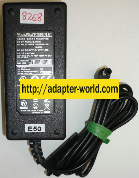 EDACPOWER EA10203 AC DC ADAPTER 12VDC 1.66A NEW -( ) 2x5.5mm 90