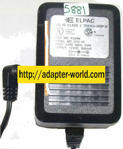 ELPAC D12-10 AC ADAPTER 12VDC 800mA 25W PS096 NEW 2.1 x 5.5 x 1 - Click Image to Close