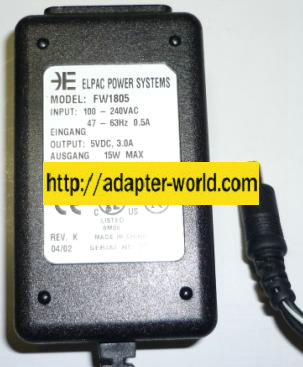 ELPAC POWER SYSTEMS FW1805 AC ADAPTER 5VDC 3A 15W POWER SUPPLY - Click Image to Close
