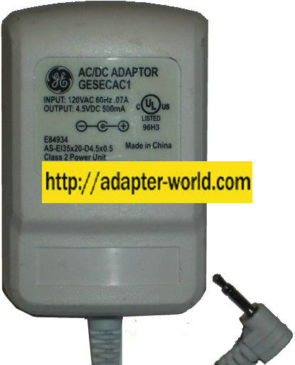 GE GESECAC1 AC ADAPTER 4.5VDC 500mA NEW -( ) MONO STEREO POWER - Click Image to Close
