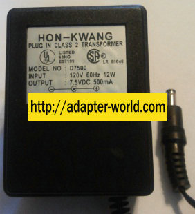HON-KWANG D7500 AC ADAPTER 7.5V DC 500MA POWER SUPPLY - Click Image to Close