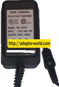 HON-KWANG D9100 AC ADAPTER 9VDC 100mA -( )- 1.7x4.7mm 120Vac 5W