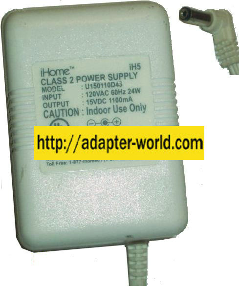 iHOME U150110D43 iH5 AC ADAPTER 15V DC 1100mA 24W POWER SUPPLY F