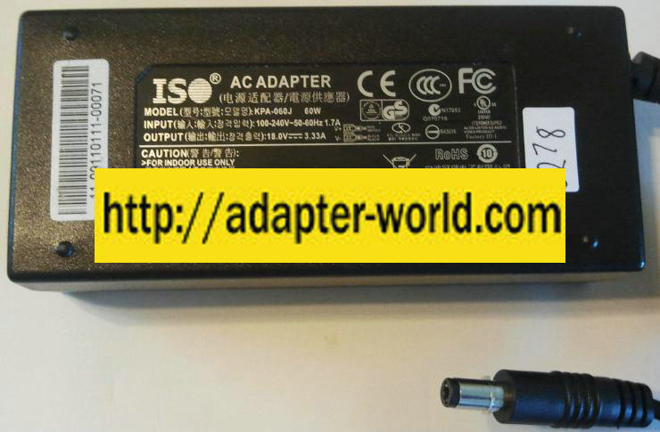ISO KPA-060J AC ADAPTER 18VDC 3.33A NEW 2 x 5.5 x 11mm - Click Image to Close