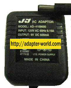 JY AD-4109600 AC ADAPTER 9V DC 600mA POWER SUPPLY Condition: Us